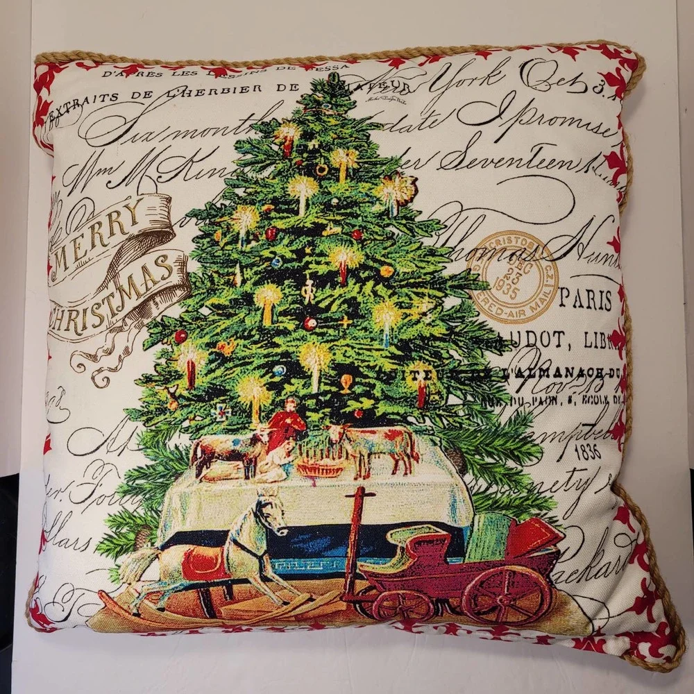 Christmas Tree Throw Pillow Cover Jute Trim‎ 17x17 Holiday Decor
